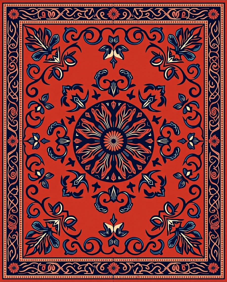 Ornate Floral Scrollwork Red Rug