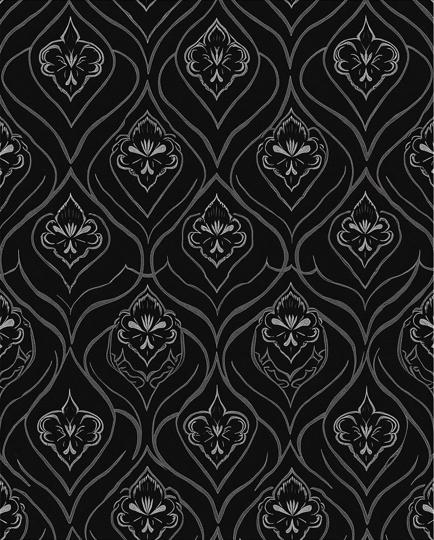 Elegant Black Silver Damask Pattern Rug