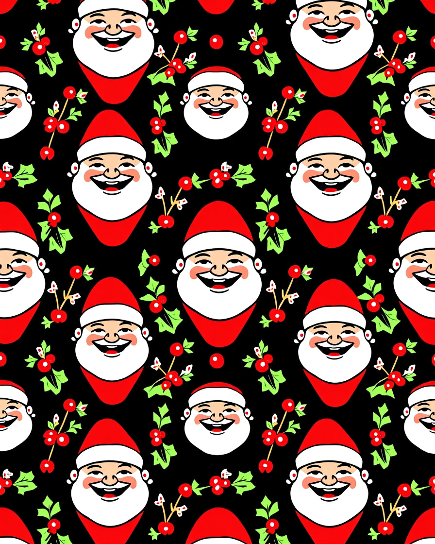 Jolly Santa Faces Holly Background Rug