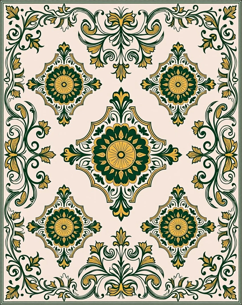 Elegant Green Gold Floral Scroll Pattern Rug