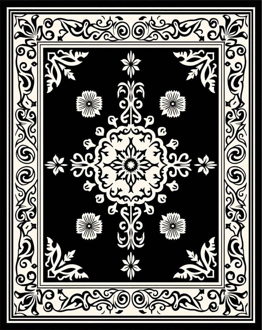 Classic Black and White Floral Medallion Rug