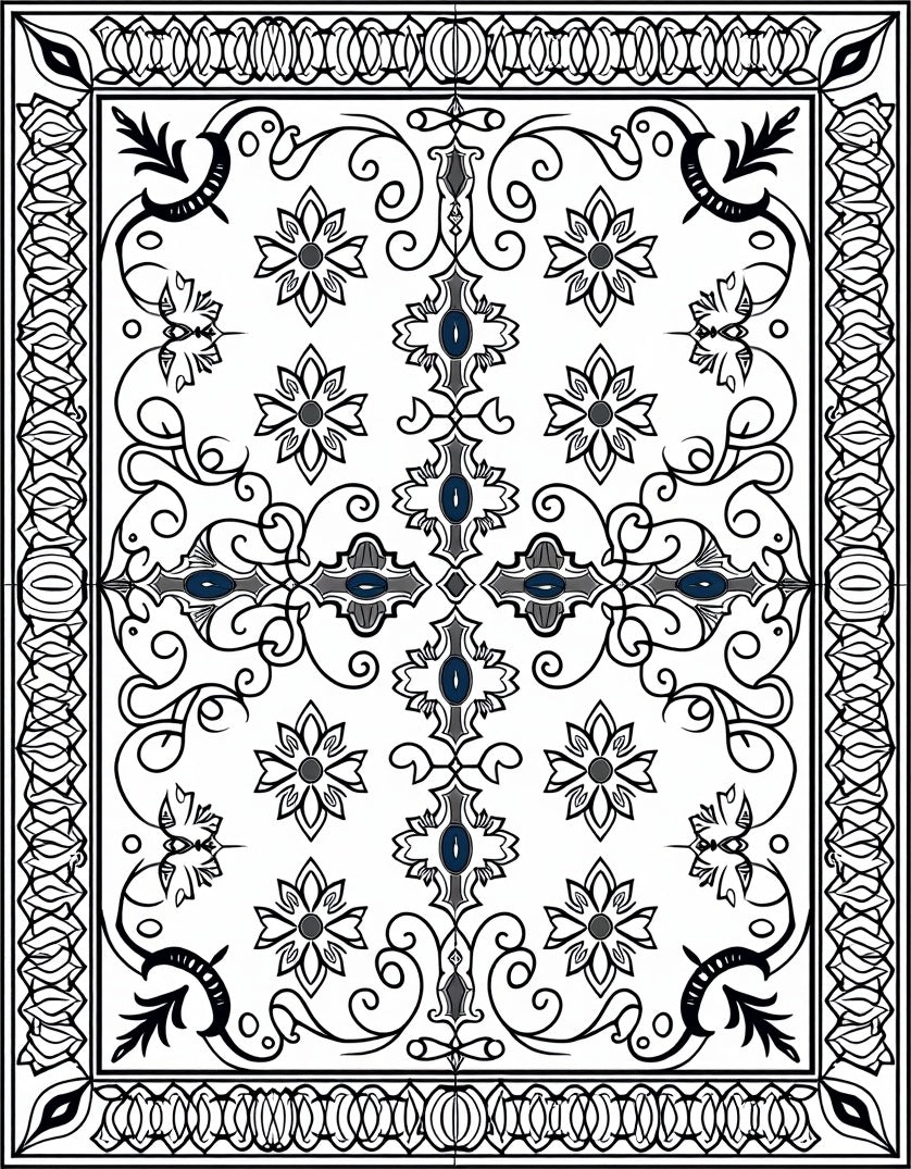 Elaborate Black White Floral Scroll Design Rug