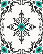 Vibrant Teal Floral Scrollwork Design Rug