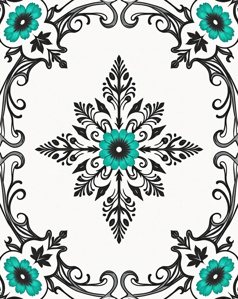 Vibrant Teal Floral Scrollwork Design Rug