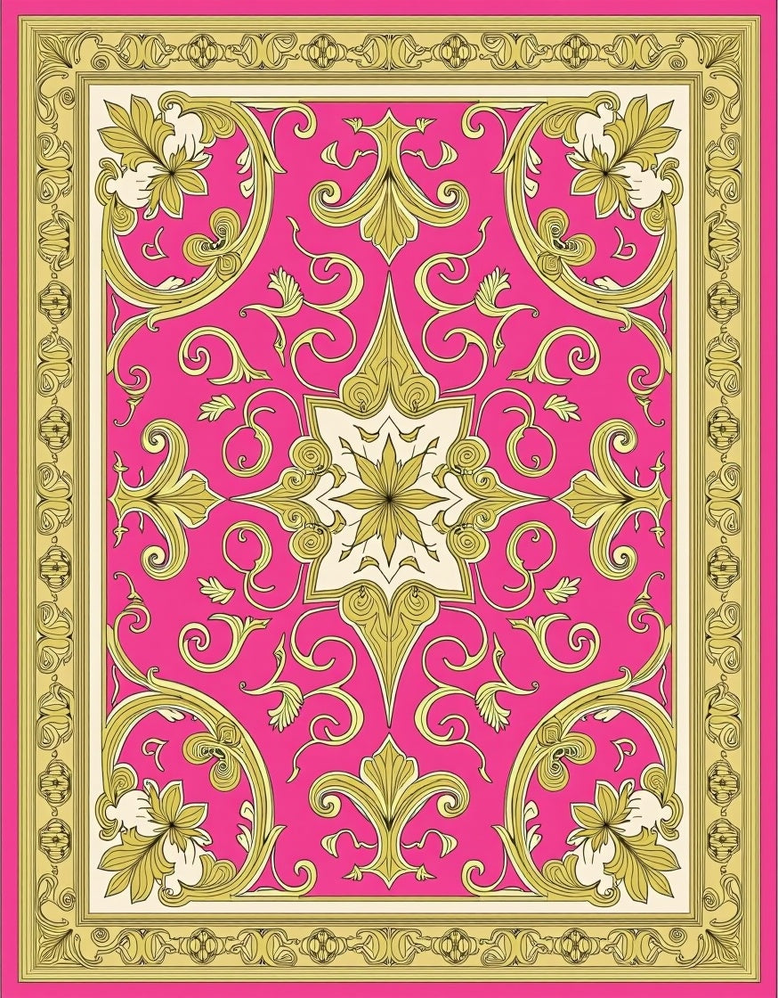Ornate Floral Gold Pink Patterned Rug