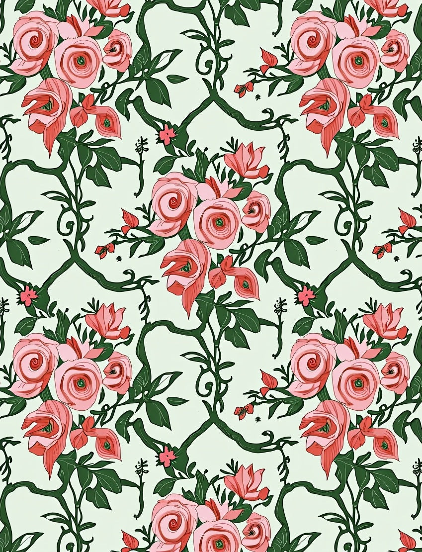 Vintage Pink Rose Vine Pattern Rug