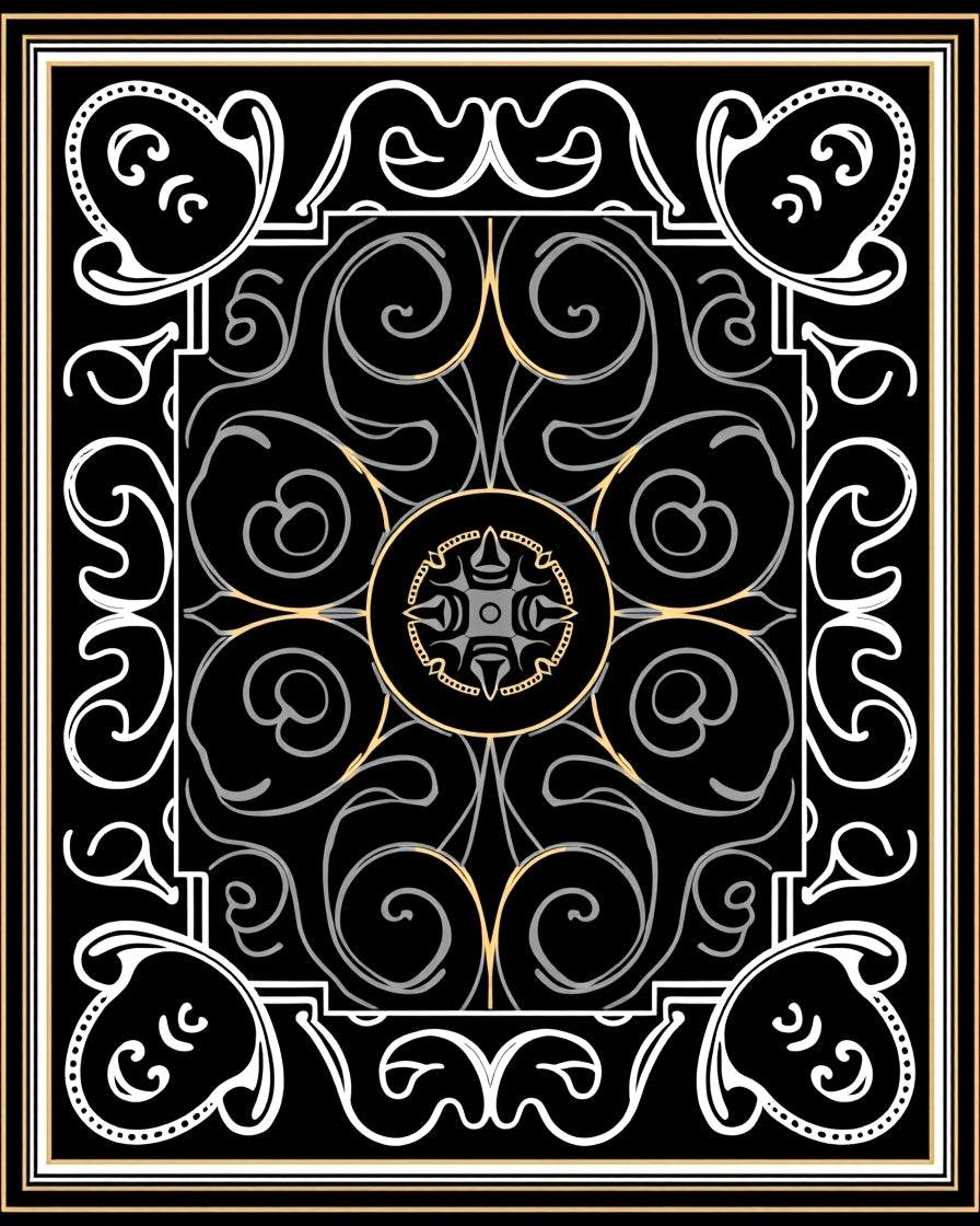 Elegant Black White Gold Scroll Pattern Rug