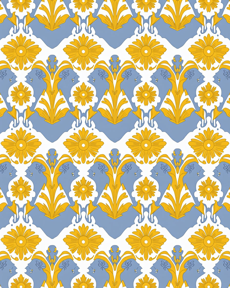 Yellow Floral Blue Crest Pattern Rug