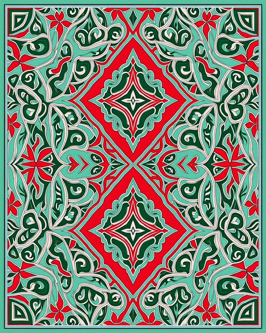 Intricate Teal Red Floral Medallion Design Rug