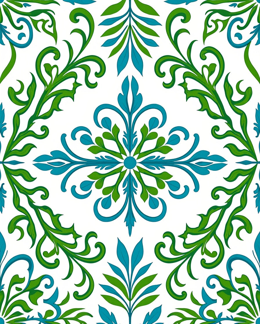 Green Blue Floral Swirl Pattern Rug
