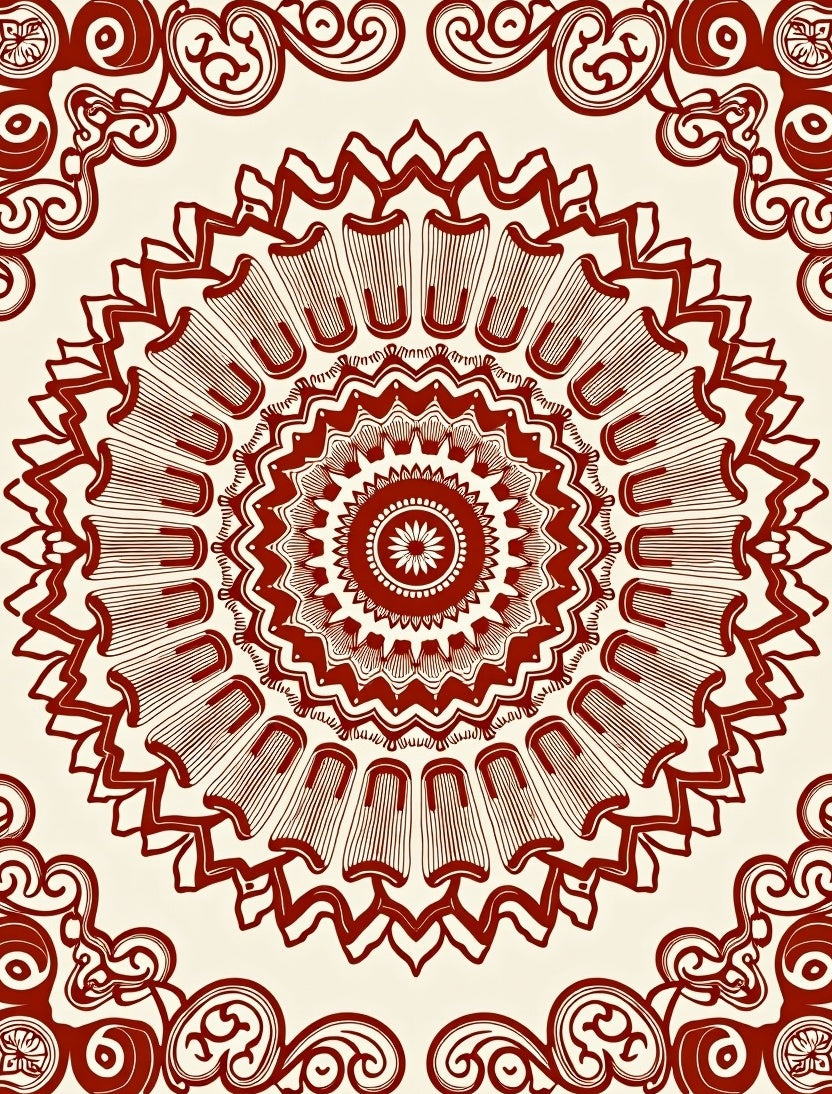 Ornate Radial Red Floral Design Rug