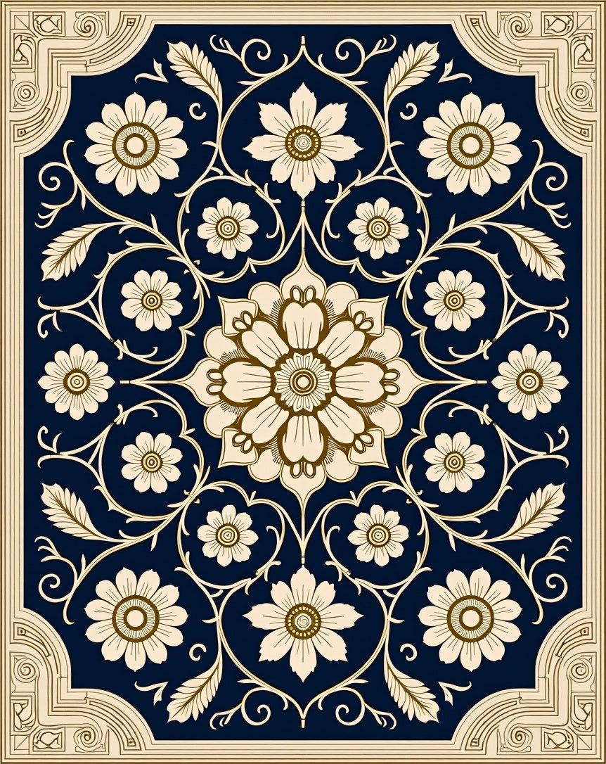 Classic Floral Medallion Navy Cream Rug