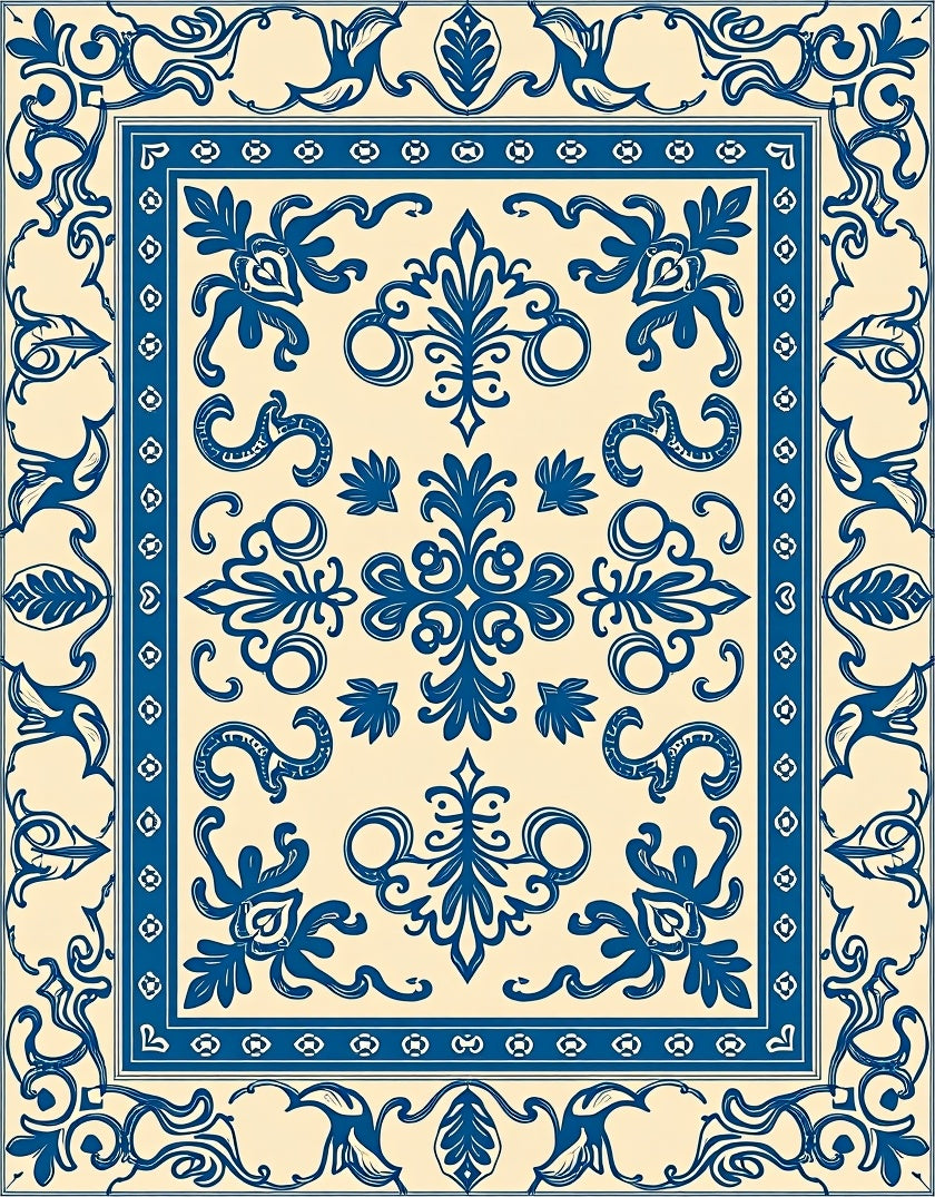Classic Blue White Floral Medallion Design Rug