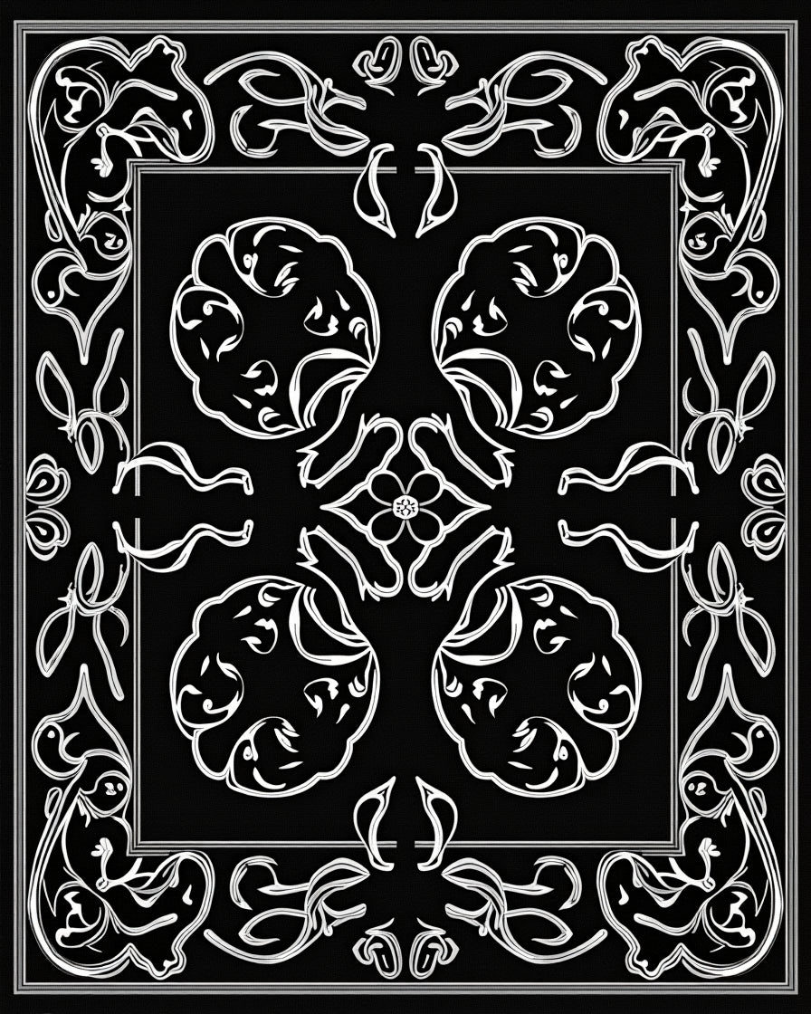 Classic Black White Ornamental Design Rug