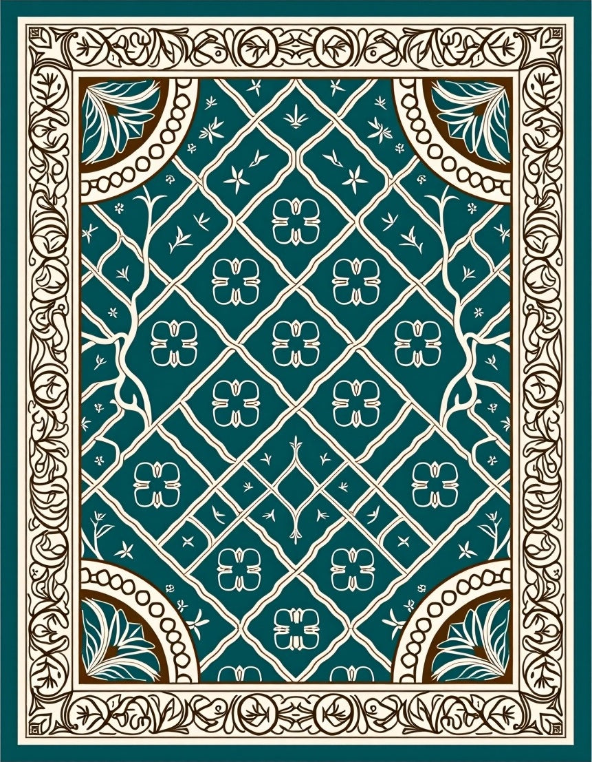 Teal White Geometric Floral Border Rug