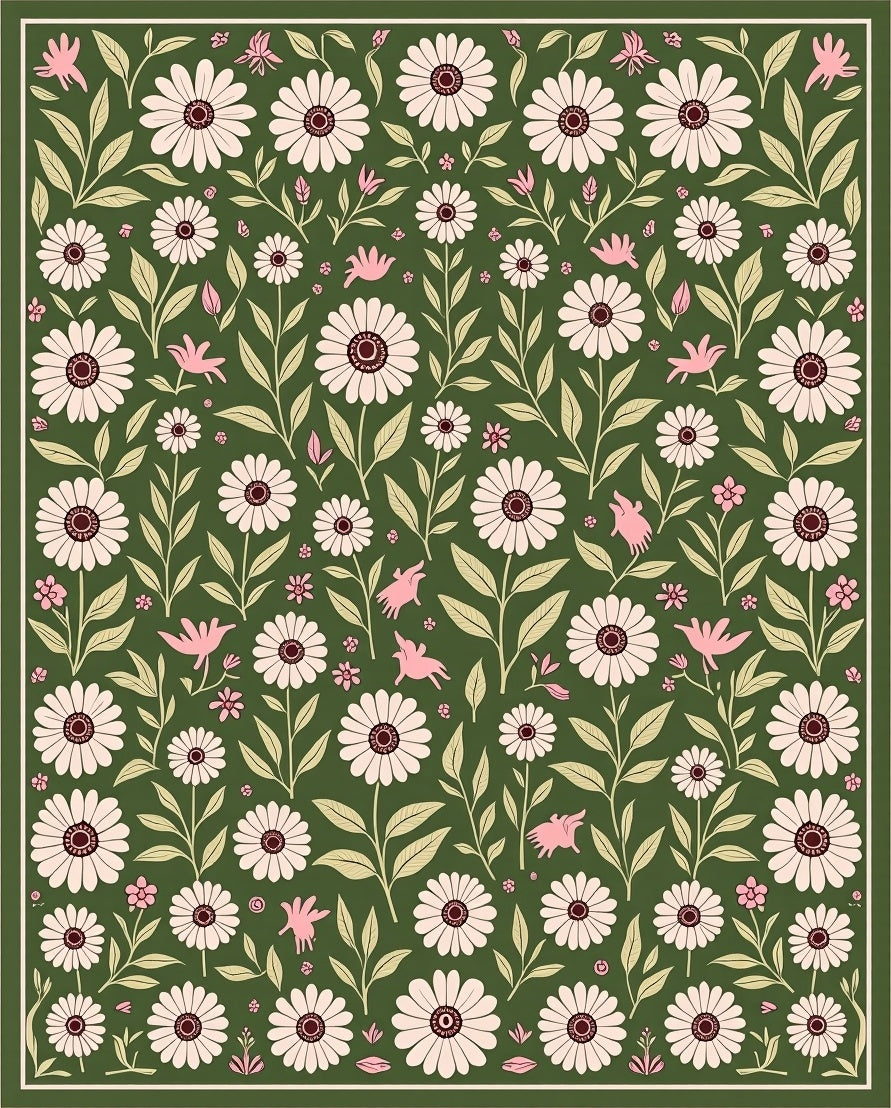 Charming Floral Bird Meadow Pattern Rug