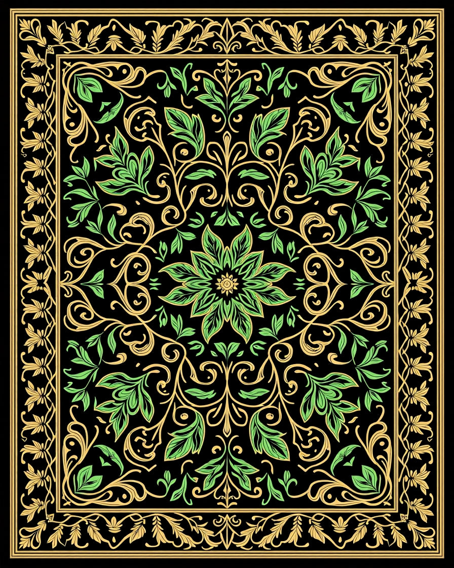 Ornate Floral Scrollwork With Green Leaves Rug