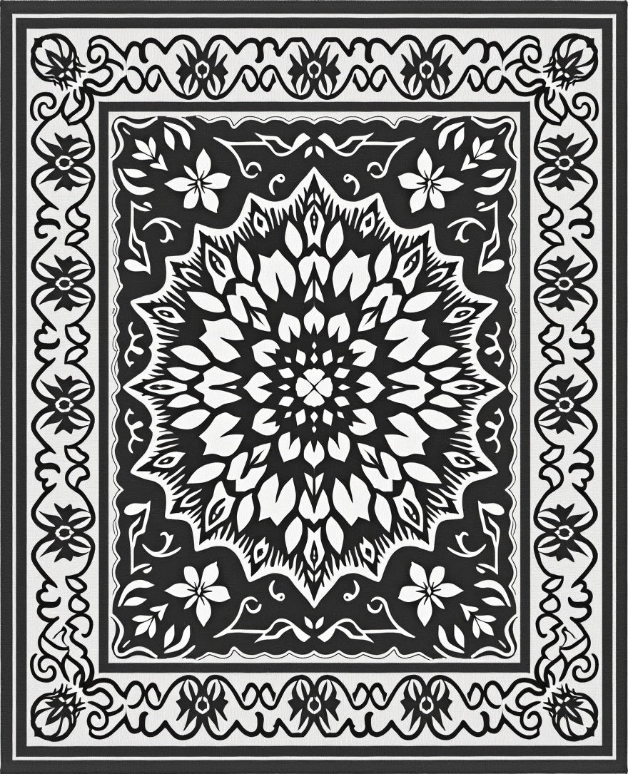 Monochromatic Floral Mandala Pattern Rug
