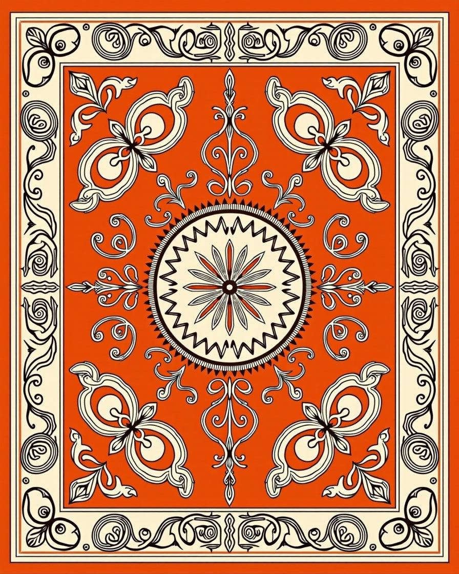 Ornate Floral Medallion Orange Cream Rug