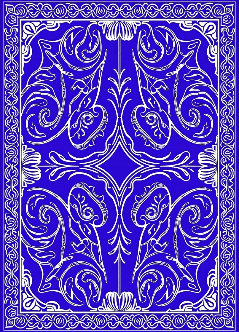 Elegant Blue White Floral Scroll Border Rug