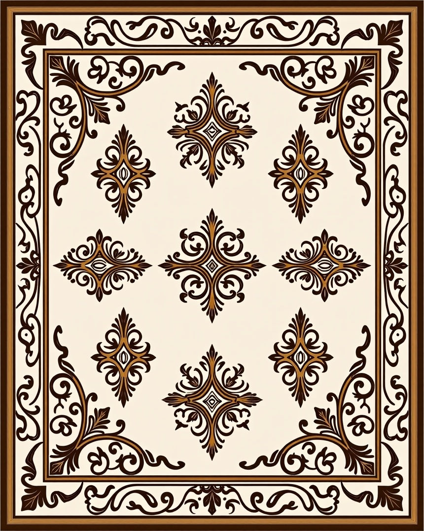 Ornate Scrollwork Cream Brown Classic Rug