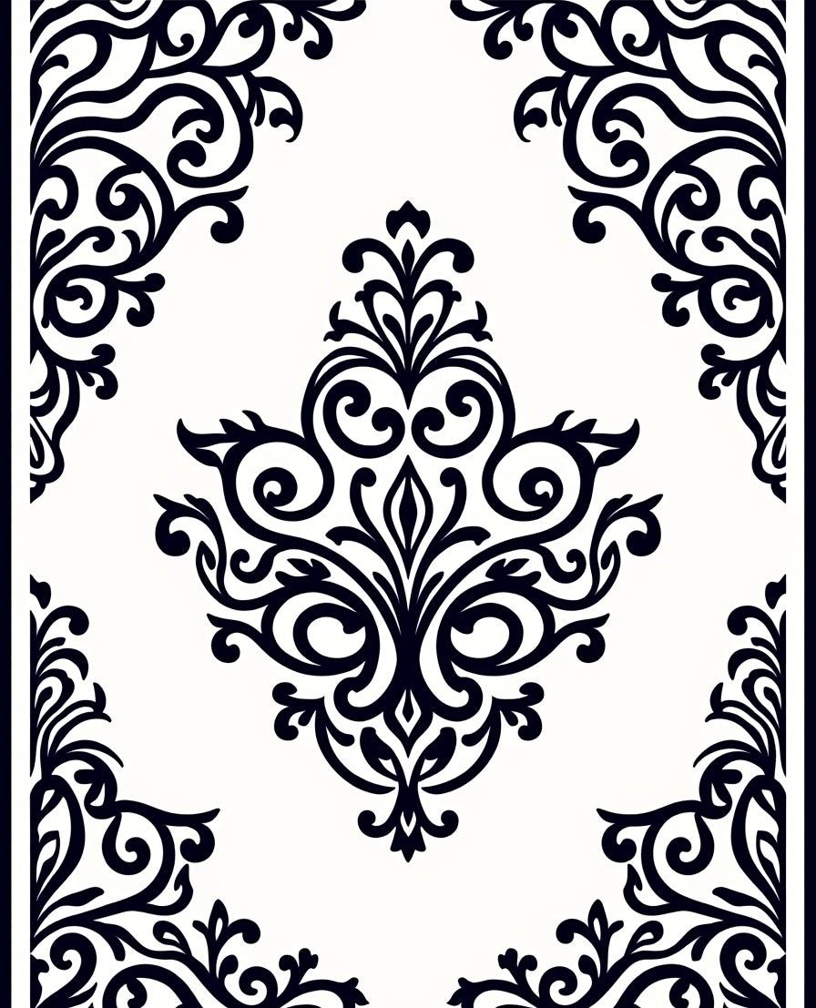 Classic Black White Floral Motif Rug