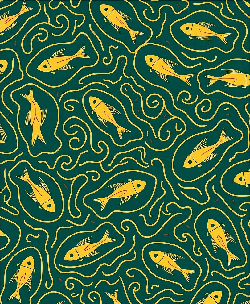 Yellow Fish Amidst Swirling Lines Design Rug