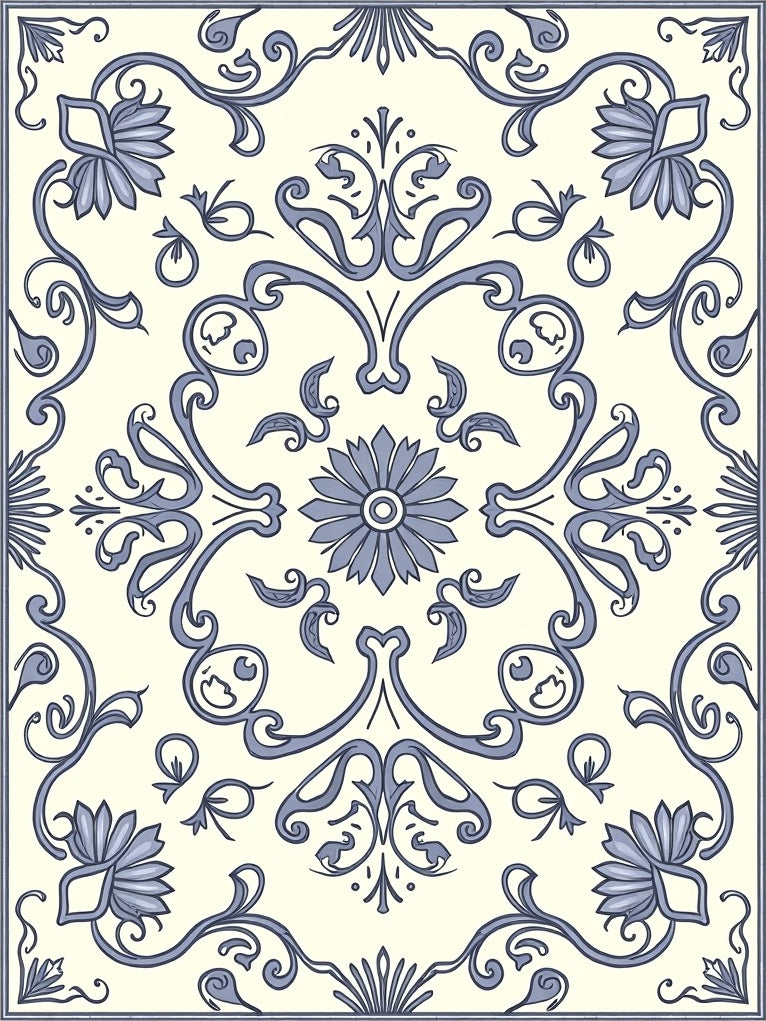 Classic Blue Floral Scroll Pattern Rug
