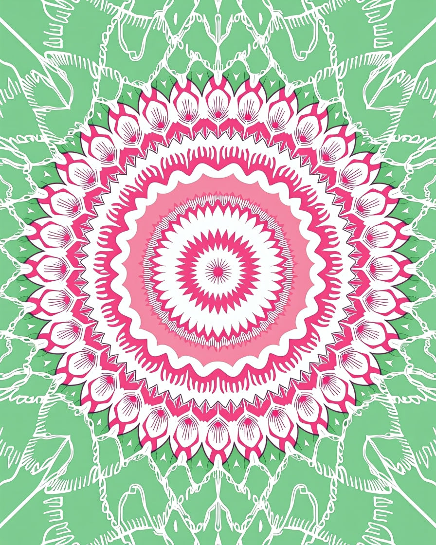 Symmetric Pink Green Floral Mandala Design Rug
