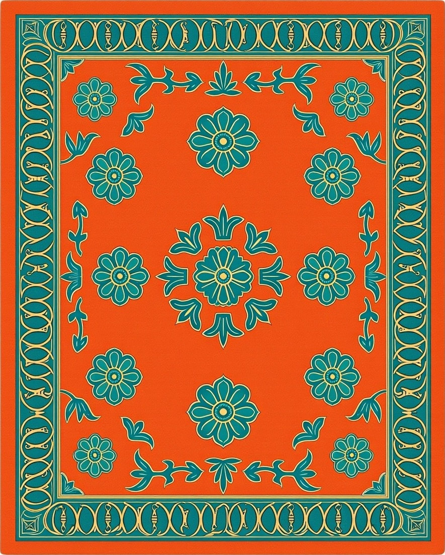 Orange Floral Scroll Pattern Rug