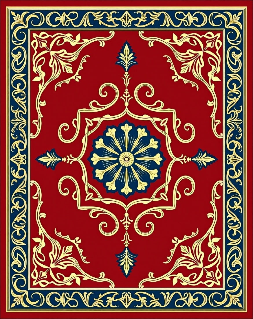 Classic Red Blue Gold Floral Medallion Rug