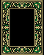 Ornate Green Gold Flourish Border Rug