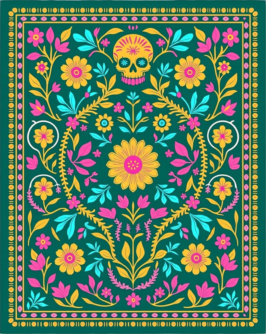 Vibrant Skull Floral Design Rug
