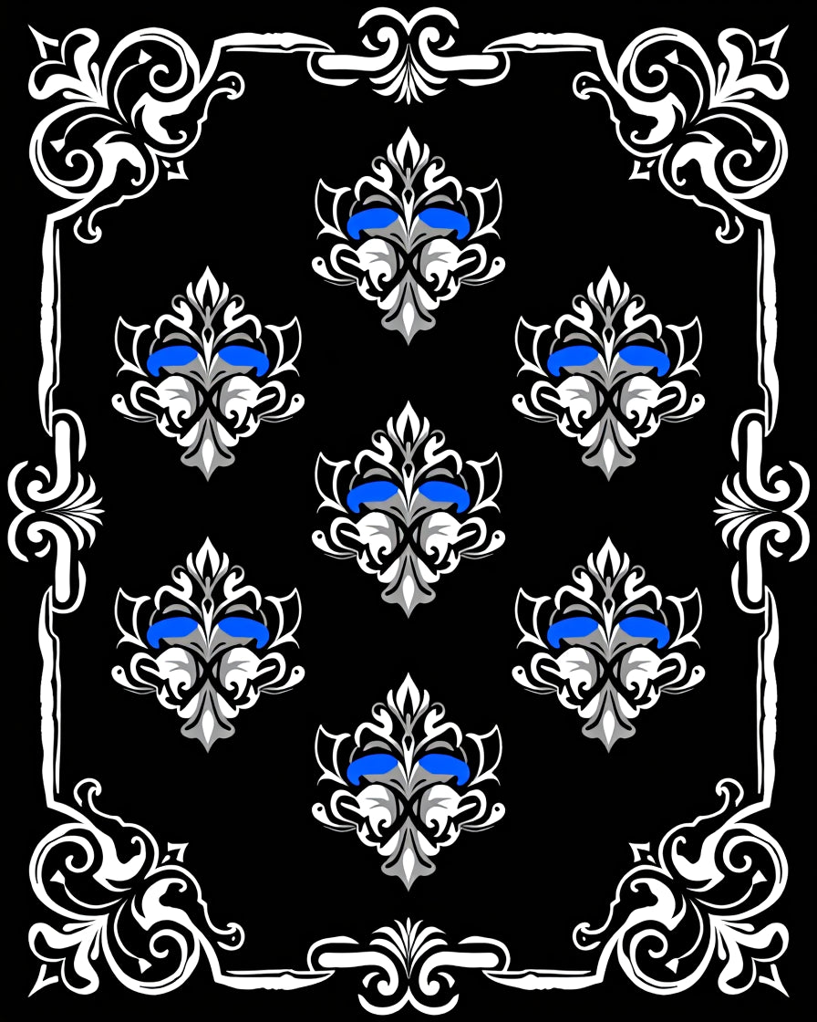 Ornate Blue Floral Scrollwork Symmetry Rug