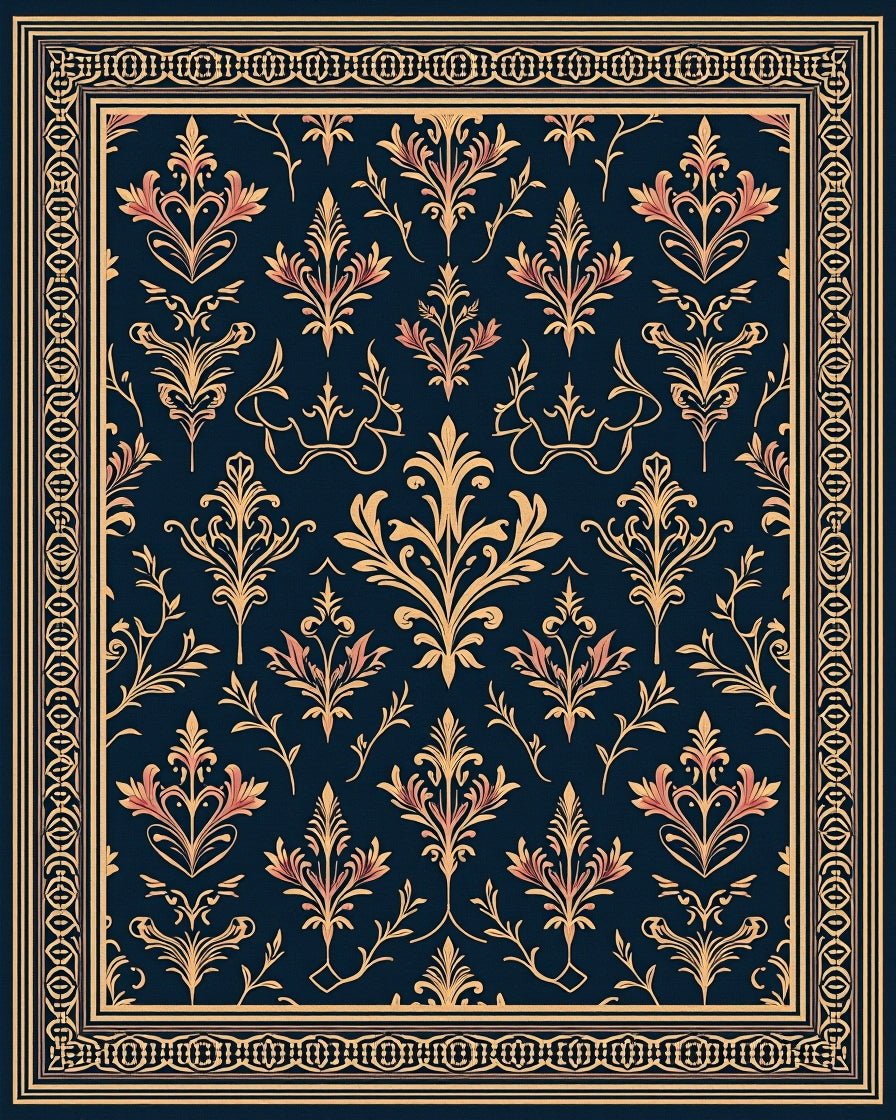 Ornate Floral Damask Dark Blue Rug