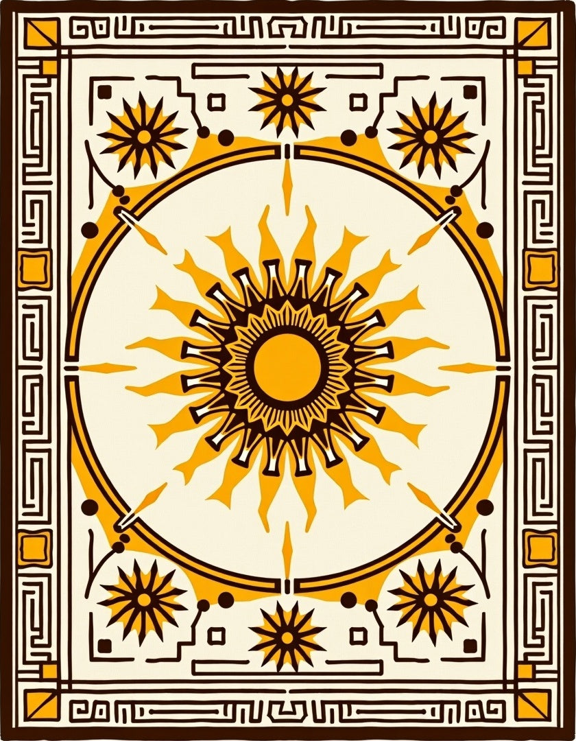 Golden Sunburst With Geometric Border Rug