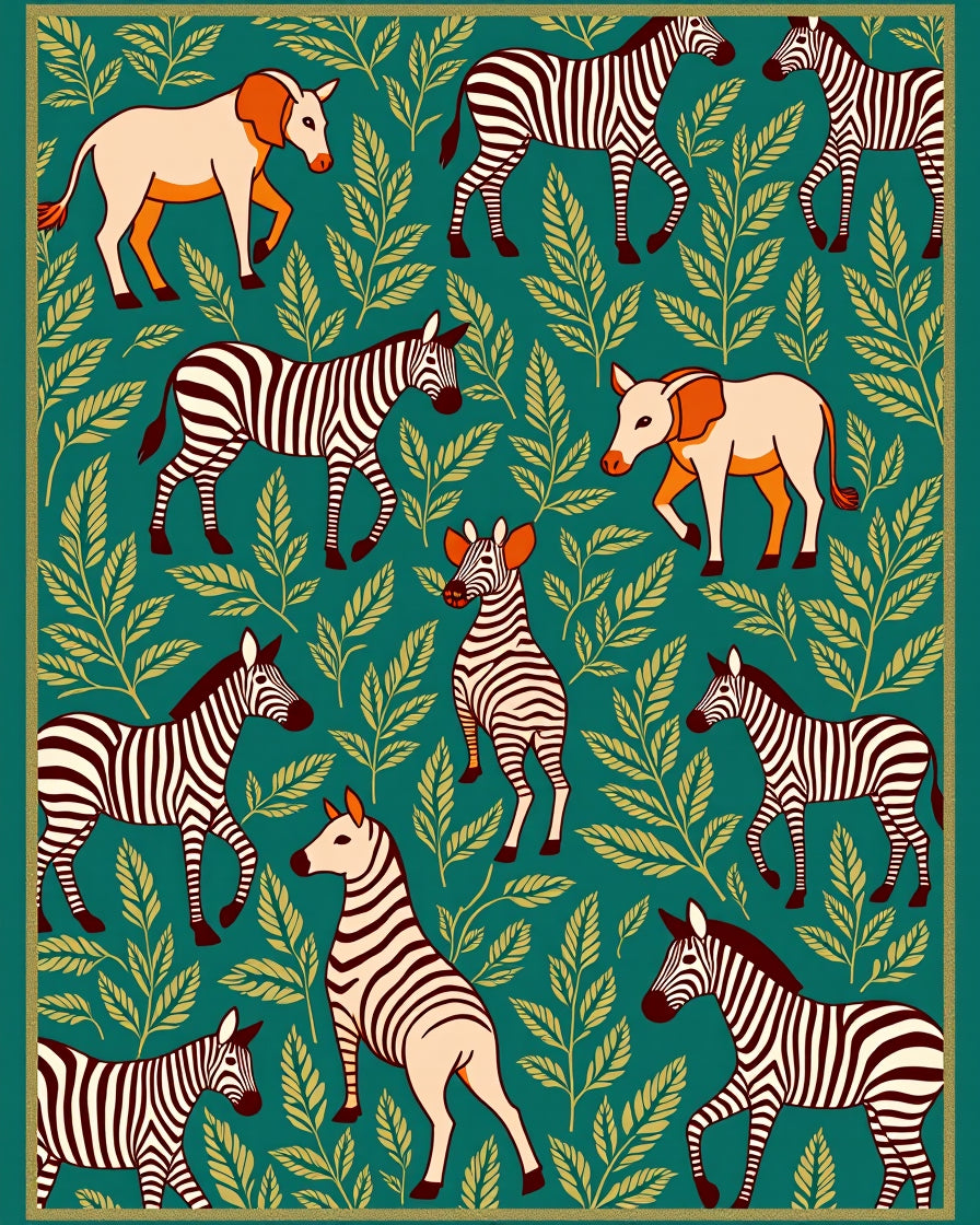 Zebra Pattern with Leafy Greenery Design Rug