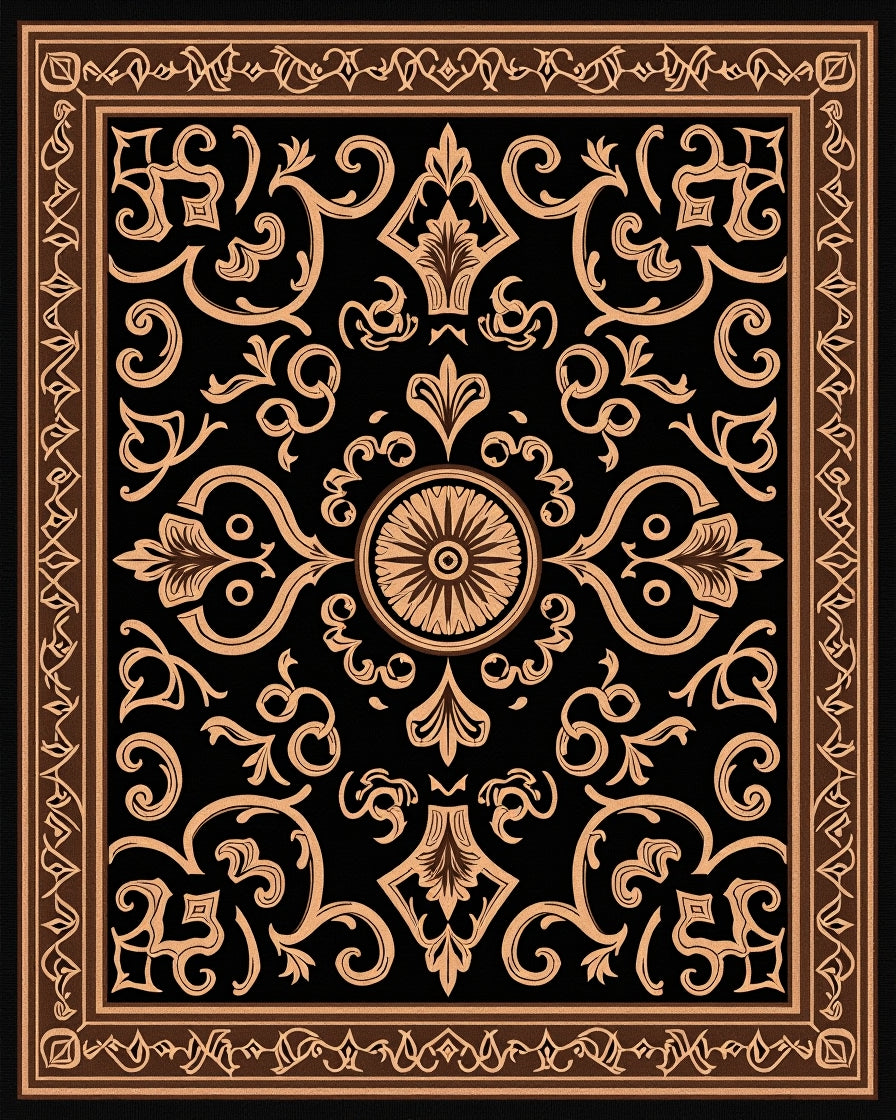 Ornate Floral Scrollwork Brown Black Rug