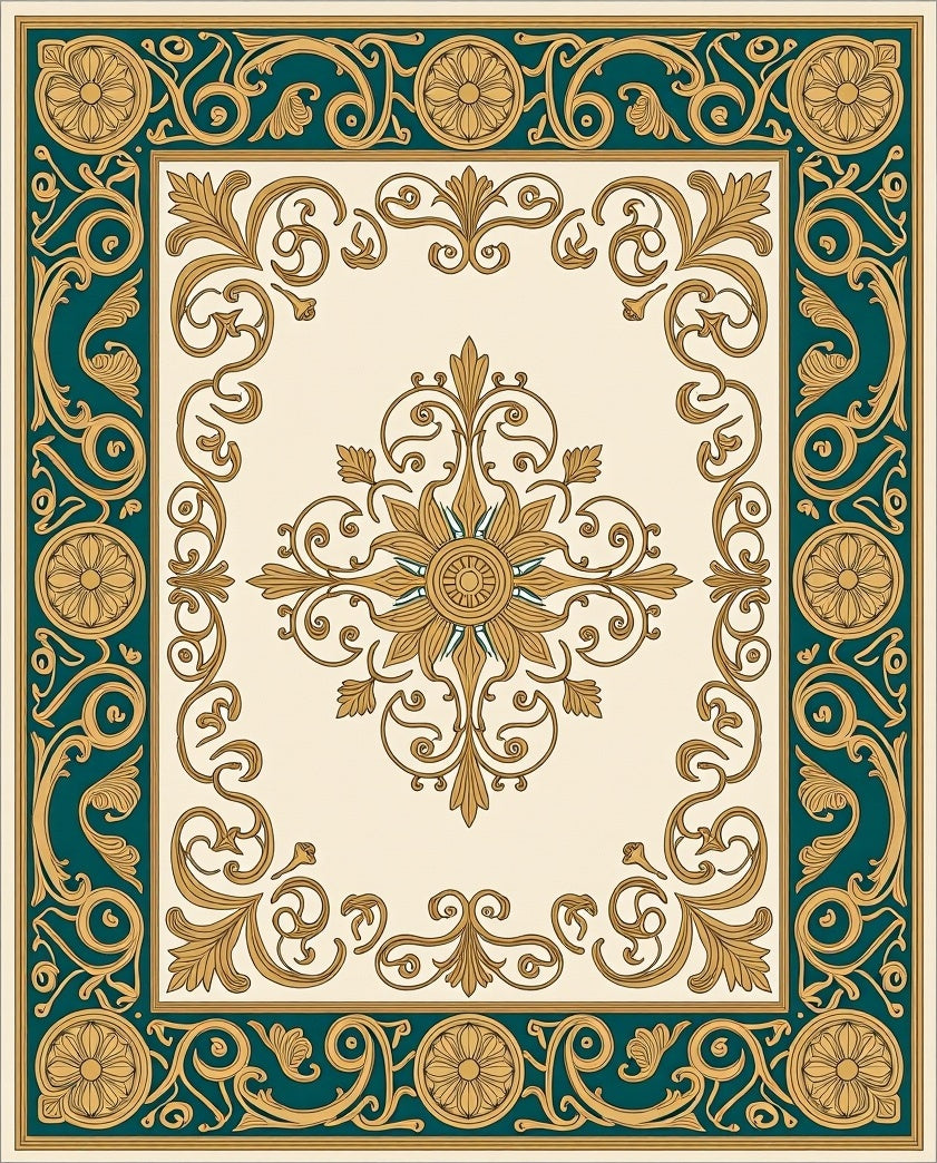 Ornate Teal Gold Floral Pattern Rug