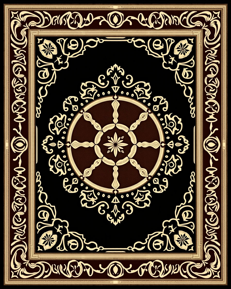 Ornate Black Gold Medallion Pattern Rug