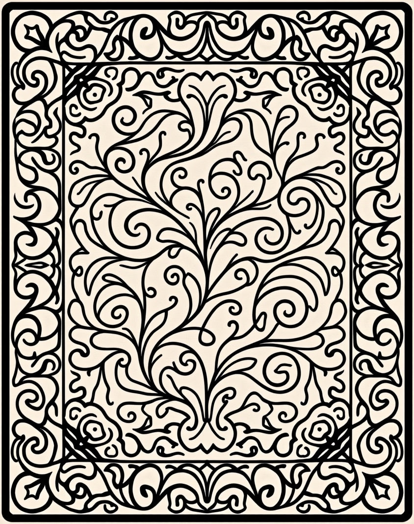 Black White Flourishing Scroll Pattern Rug