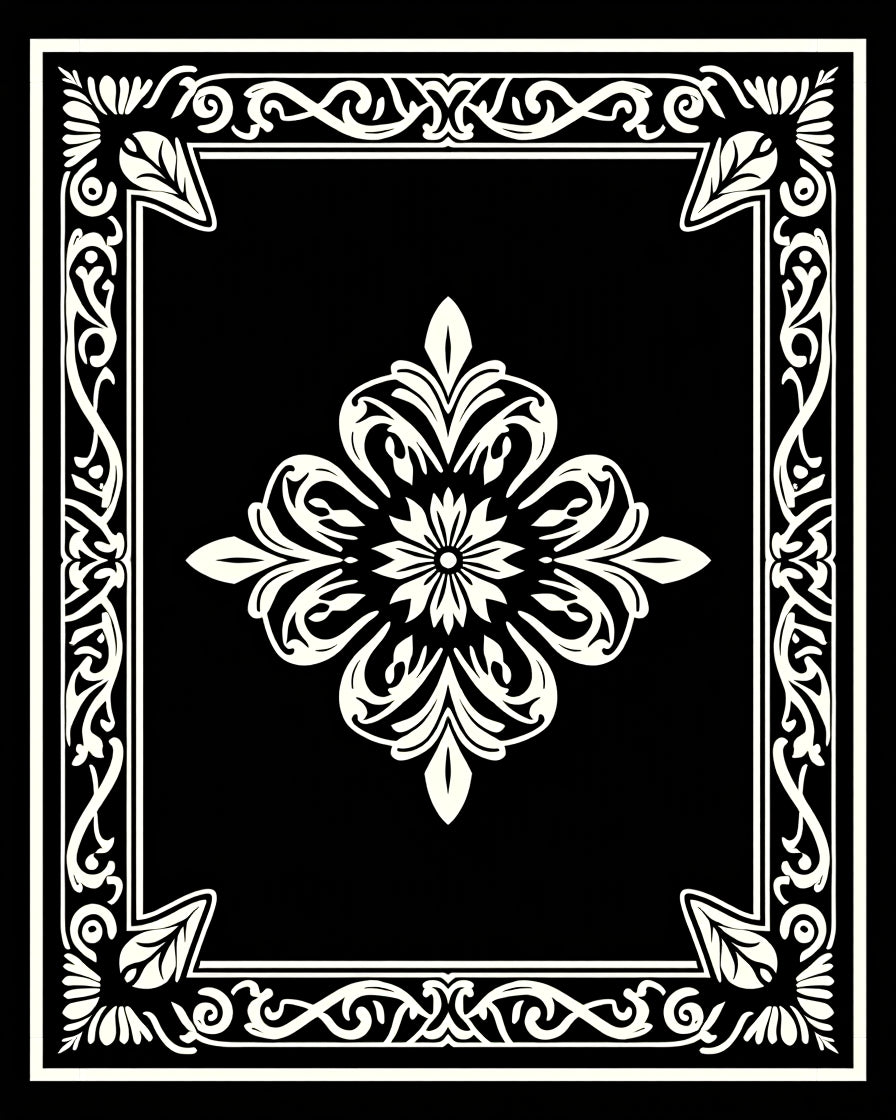 Ornate Floral Border Black White Rug