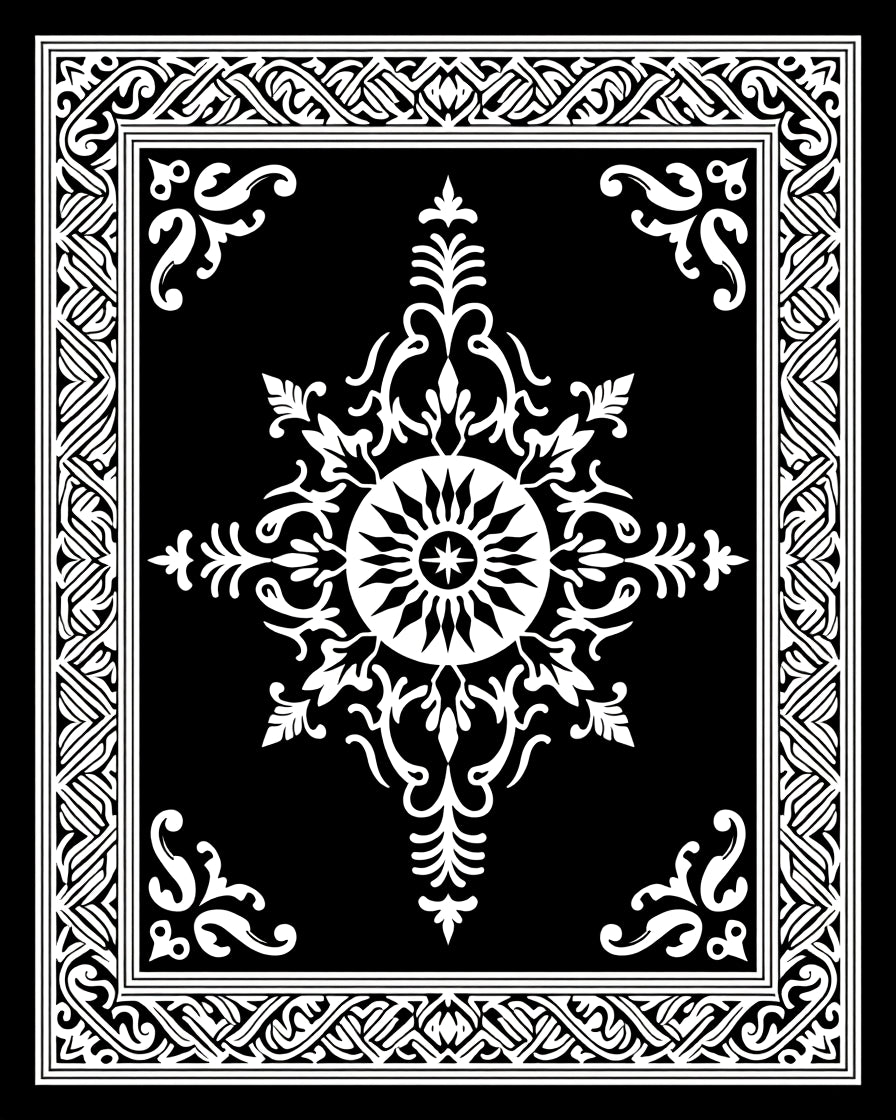 Ornate Black White Circular Pattern Rug