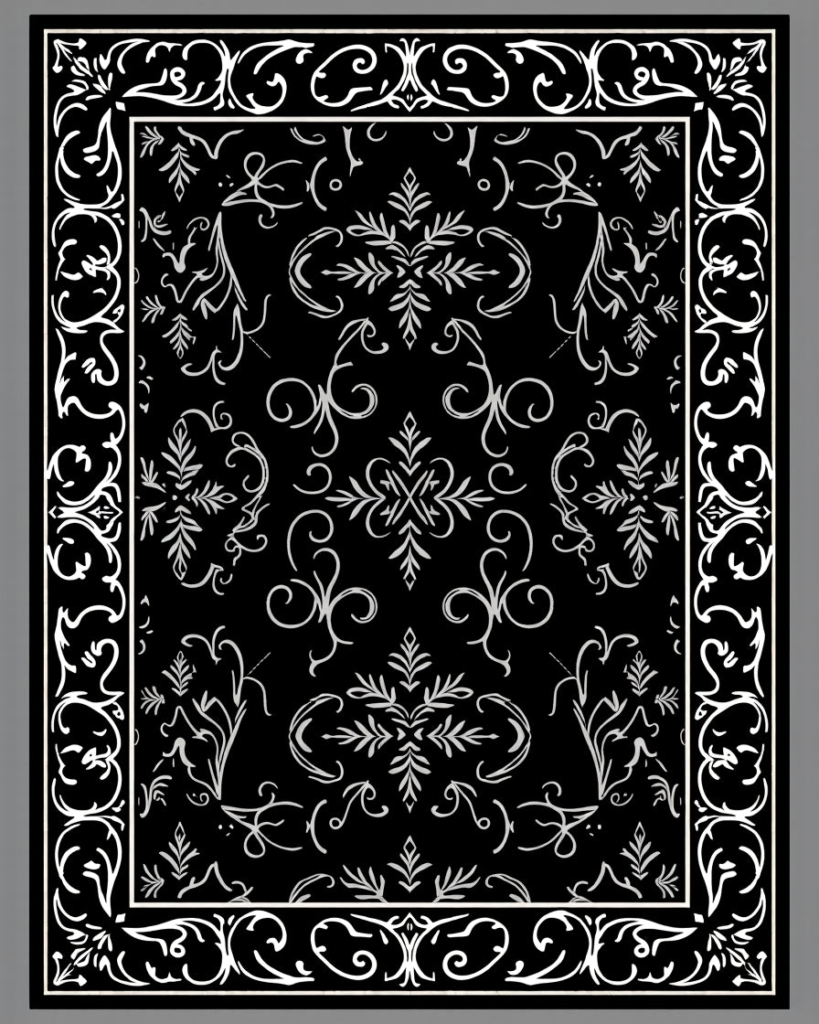 Black White Ornate Floral Pattern Rug
