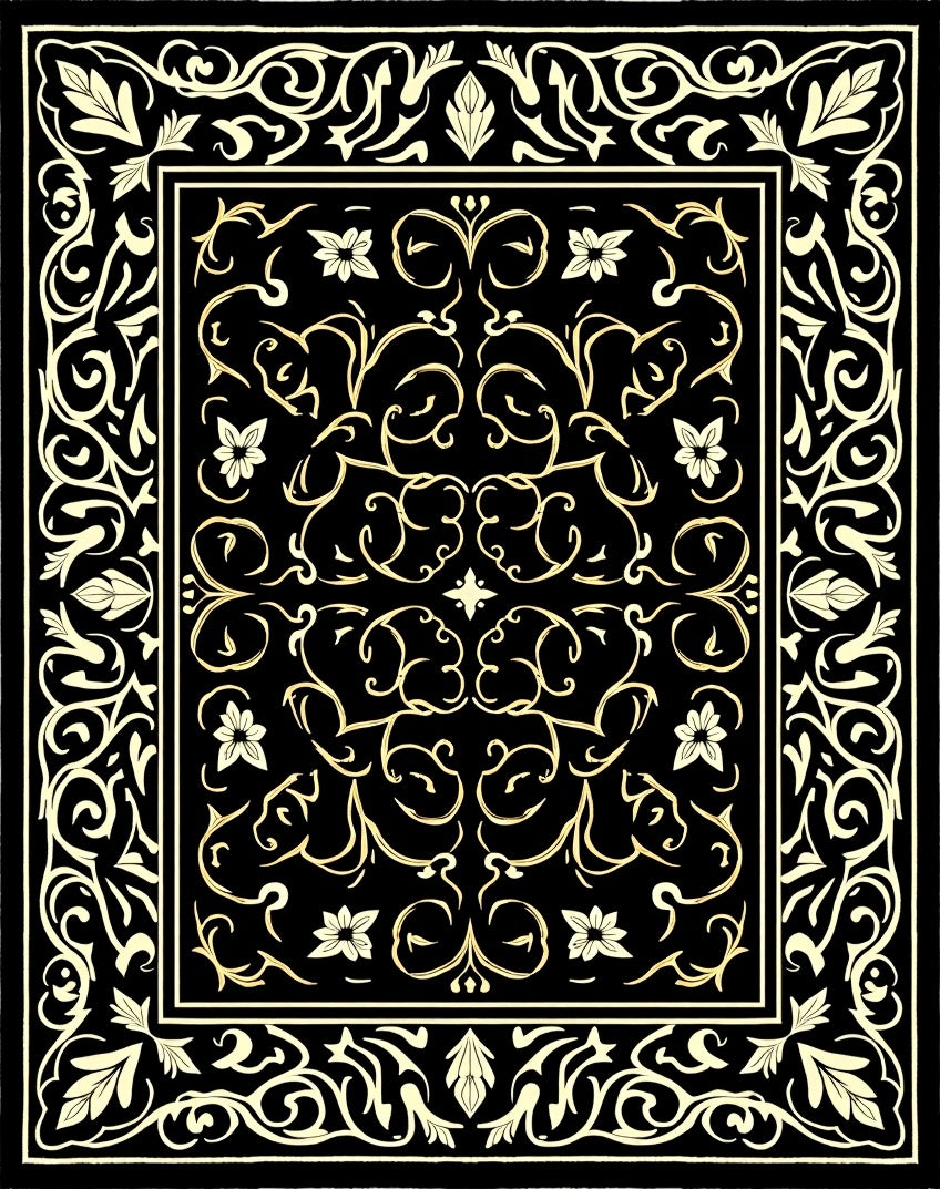 Black Cream Ornate Floral Pattern Rug