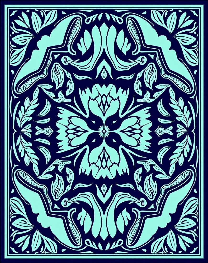 Art Nouveau Teal Leaf Pattern Rug