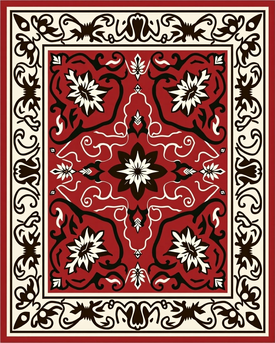 Red Ivory Black Floral Medallion Design Rug