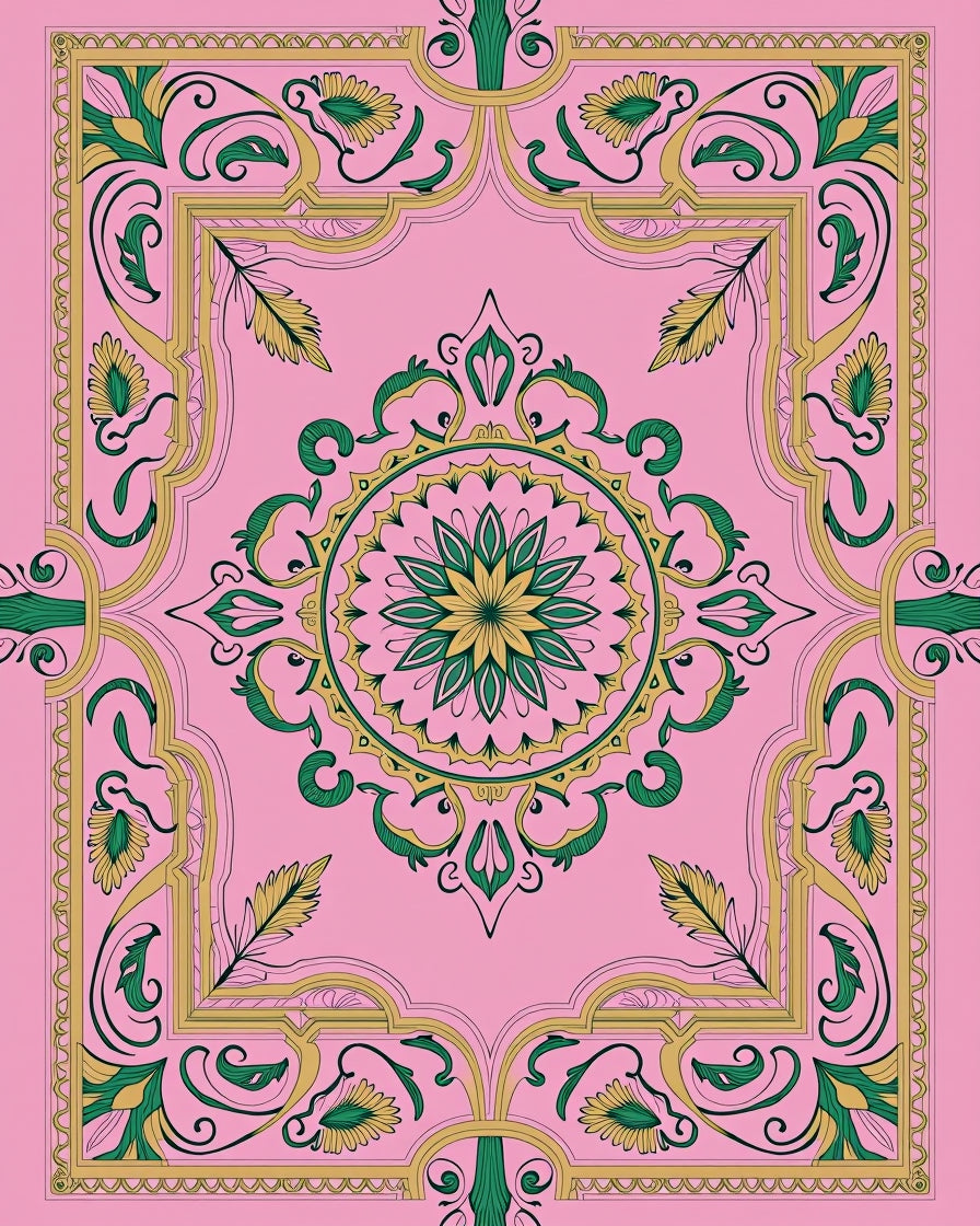 Pink Green Mandala Floral Pattern Rug
