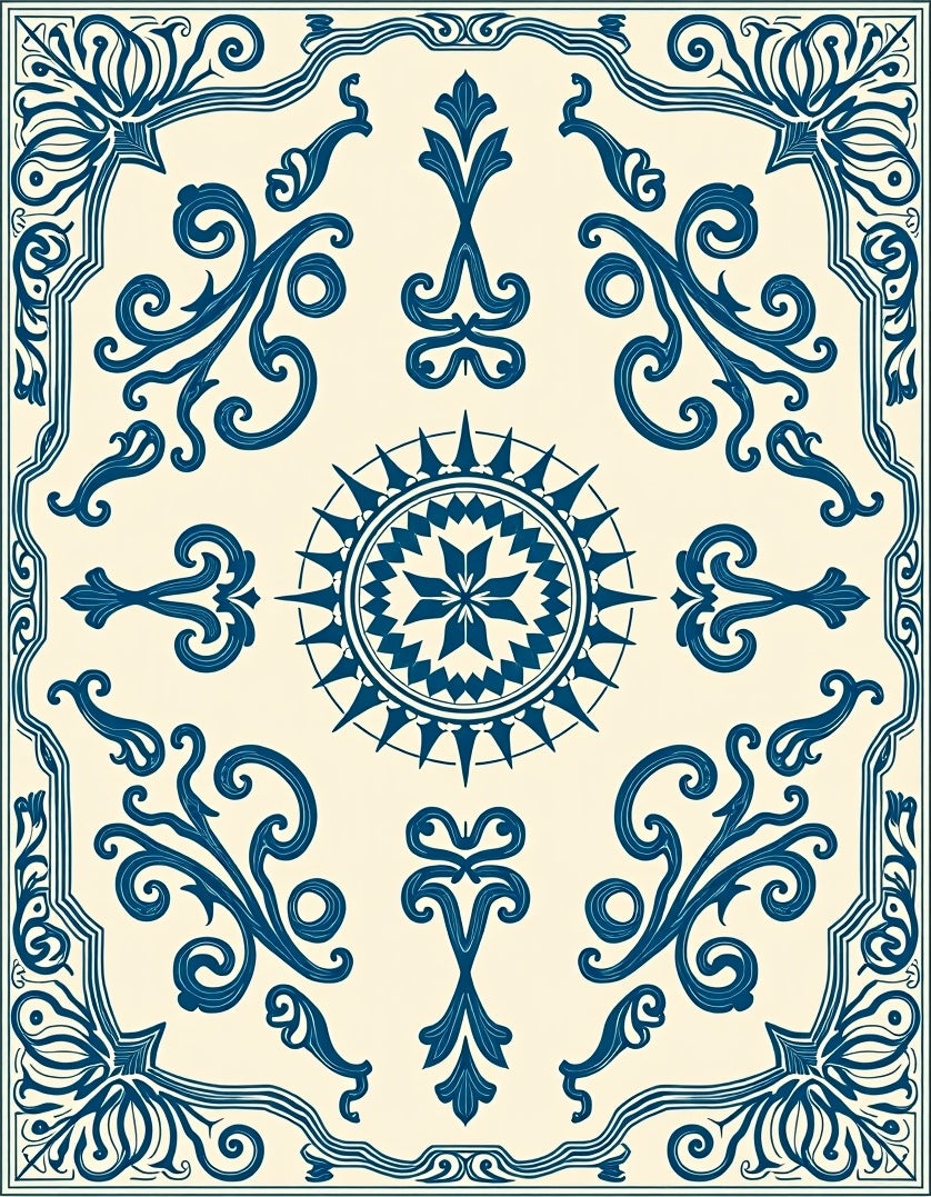 Elegant Blue Floral Compass Design Rug