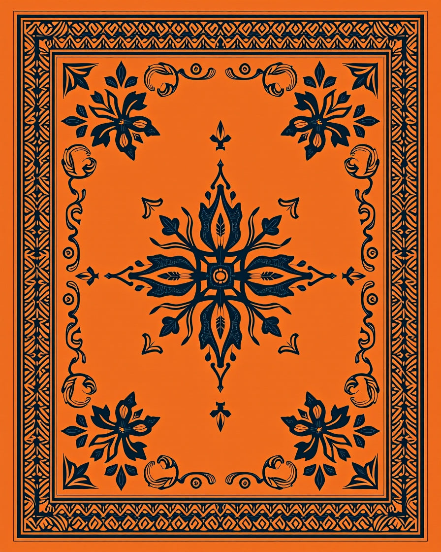 Vibrant Orange and Navy Floral Medallion Rug